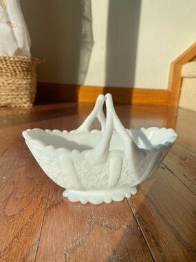 Fenton Daisy and Button 4" Basket Milk Glass Candy Dish
